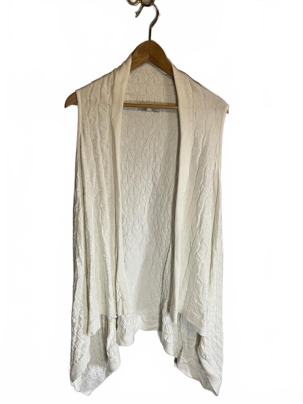 Chaus Textured Sleeveless Vest Cardigan L 100% Cotton Long Open Front White